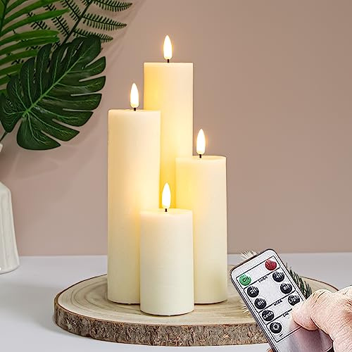 Vtobay Parpadeo Pilar LED Velas con mando a distancia y el ciclo de temporización, marfil pilas (alimentado por 2AA) sin llama velas de cera real Tall (D 5.5 x H 10,15,20,25cm)，Pack de 4