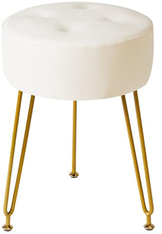 IBUYKE Faux läder rund fotpall, smink fåfänga pall sidobord, PU dressing bord sits, ottoman soffa pall, gyllene stålben, vit | PU omklädningsbord sittplats sittplats soffa gyllene stål ben vardagsrum sovrum