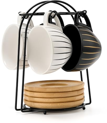 LUKA Ceramic Demitasse Espresso Cups Set with Saucers and Metal Stand, 8 oz Porcelain Cappuccino Cups Teacup For Tea, Espresso, Latte, Coffee, Cafe Mocha, Set of 4, Stripe White & Black