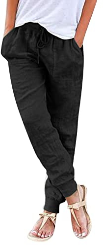 Damen Hose Leinenhose Baumwolle Leinen Stoffhose Freizeithose Sommerhose Pumphose Yogahose Casual Einfarbig Hippie High Waist Hose Stretch mit Taschen Kleidung Sommer Hosen