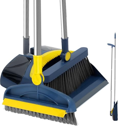 Juego de escoba y recogedor de 3 piezas, mango largo, pala y escoba giratorias de 180 grados, 92 cm, con de limpieza de baño, plegable, vertical, pala y combo con peine (azul oscuro)