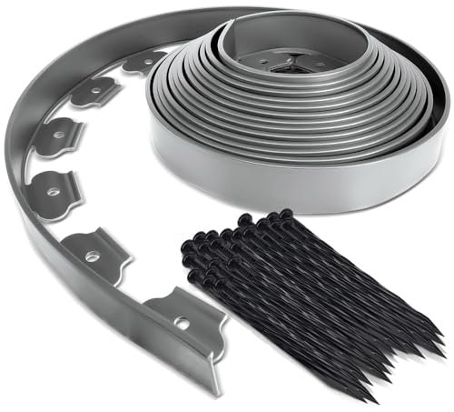 VOUNOT Plastic Lawn Edging Border with 30 Ground Anchors, 10m Flexible Garden Edging Strip for Grass, Paths, Gravel or Flower Beds, Weatherproof Landscape Border, 5cm High, Light Grey