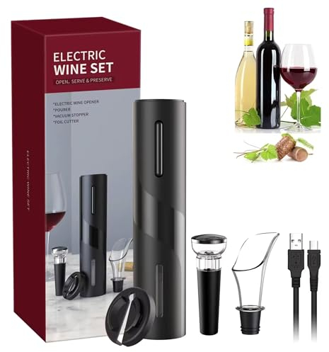 Cavatappi elettrico per vino elettrico, automatico, ricaricabile con USB, Kit vino 5 in 1 con cavo di ricarica USB, Tagliapasta Stagnola, Tappo Vino sottovuoto riutilizzabile e Versatore.