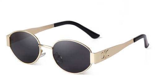 PFINAMC Occhiali da sole ovali con montatura in metallo retrò per donna, tonalità maschili, lenti, occhiali da sole piccoli UV400, C4 GRIGIO ORO, 1