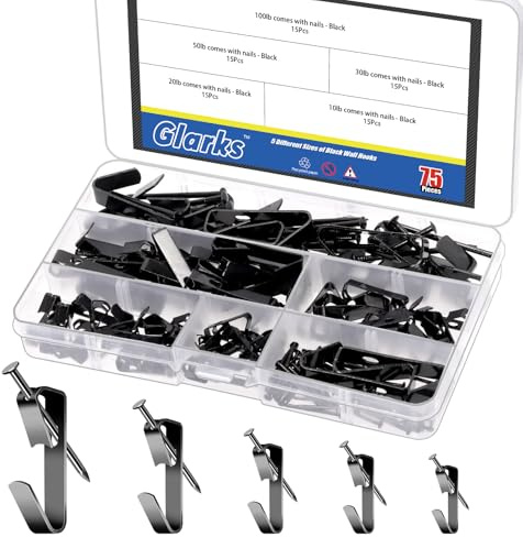 Glarks 75 pezzi ganci per appendere quadri da 4,5kg/9,1kg/13,6kg/22,7kg/45,4kg con chiodi, kit nero ganci per appendere foto con chiodi, kit per appendere quadri per cornice, pittura, arte, foto