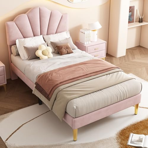 Merax 3ft Girls Single Bed, Pink Single Velvet Bed Frame, Upholstered Bed with Height Adjustable Headboard, Wooden Slatted Frame for Girls, Pink/90 * 190cm(No Mattress)