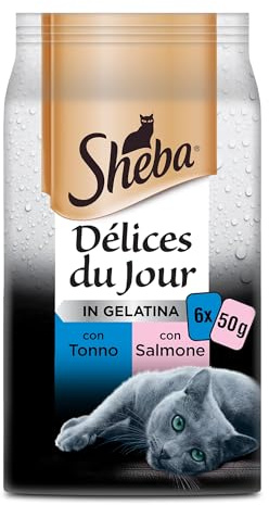 Sheba cibo umido per gatti con tonno, salmone, pesce bianco in gelatina 12*6x50g