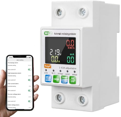 Jadeshay Disjoncteur Wifi Tuya, Disjoncteur Connecté Wifi Compteur électrique Intelligent avec Protection Contre les surtensions et les sous-tensions, Protecteur de réenclenchement 63A 2P 220V