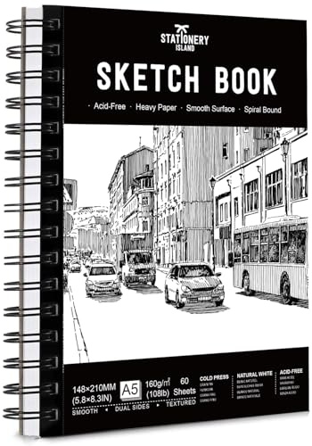 STATIONERY ISLAND Sketchbook Spiral Bound 60 Sheets A5 160gsm Premium Drawing Paper for Sketching, Drawing & Painting Sketch Pad Art Book for Pencils, Charcoal