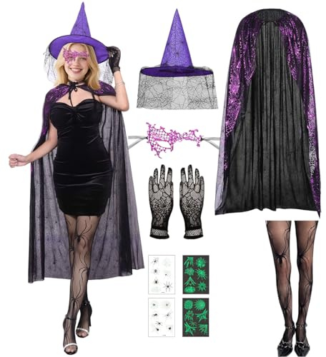 Halloweenkostym damer – halloweenaccessoarer häxhatt och handskar med spindelnät mask häxkvast spindelnät cape nätstrumpor spindeltatueringar, häxkostym damer för karneval