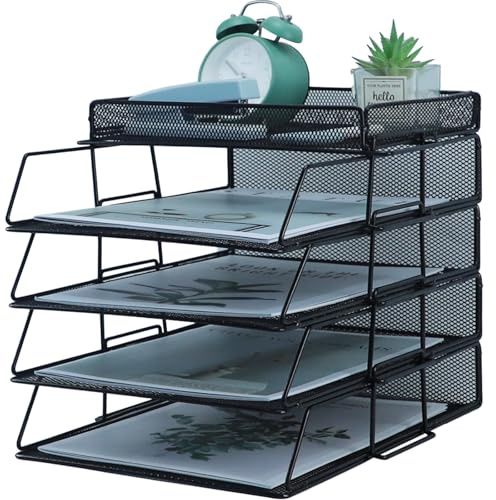 HIHOBDAY 4 Tiers Paper Organiser Mesh Letter Tray Metal Magazine File Desk Storage For Office School Home, Black