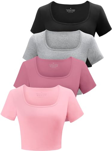 BryticFlow Square Neck Crop Tops for Women Workout Tops Trendy Going Out Tops Ladies Gym Summer Shirts 4 Pack