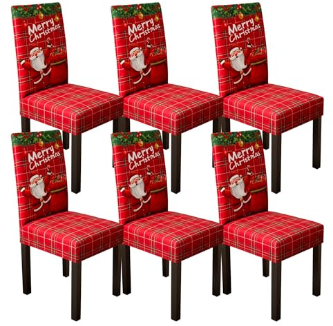 Christmas Dining Chair Covers Set of 6 Stretch Dining Chair Slipcovers with Santa Xmas Removable Washable Chair Protector Covers High Back Chair Protection for Living Room Kitchen Hotel Party Decor