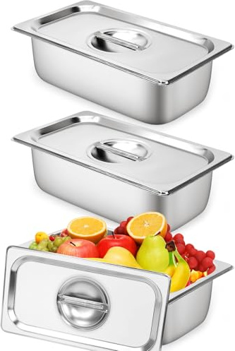Panierschalen Set 3-teilig, 32,5 x 17,5 x 10 cm GN 1/3 Edelstahlbehälter mit Deckel für Speisen Buffet Catering Hotelpfanne, Gastronormbehälter Panierstrasse Set für Restaurant Küche Gefrierschrank