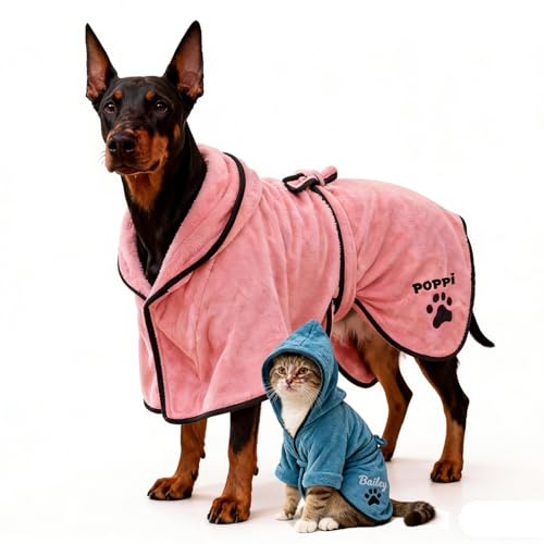 OAEUQ Personalized Dog Bathrobe Dog Towel Robe Custom Name Hooded Pet Towel for Large Small Dogs Absorbent Microfiber Robes After Bath