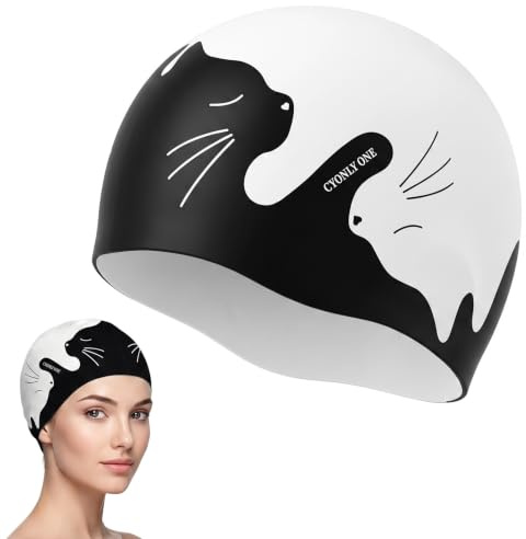 PBAFTY Gorro Piscina Mujer y Hombre con Diseño de Gato, Gorro Natación de Silicona Suave y Elástico para Pelo Largo y Corto, Gorro de Baño Unisex Cómodo, Talla Única para Adultos y Jóvenes