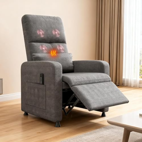 Aptliton Adult Electric Recliner Armchair With Heat & Massage, Linen Grey | 105-150° Recliner Chair with Footrest, Armrests, 2 Pockets, Quiet Design Manual Recliner Chair For Living Room, Home Theater