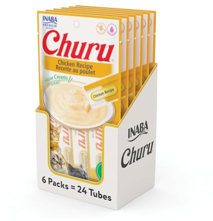 INABA Churu Cat Treats, Grain-Free, Lickable, Squeezable Creamy Purée Cat Treat/Topper with Vitamin E & Taurine, 0.5 Ounces Each Tube, 24 Tubes (4 per Pack), Chicken Recipe