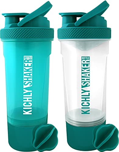 KICHLY 2 Pacco Bottiglia Shaker per Proteine Classico con Shaker Ball (700 ml) e Contenitore per Conservare Gli Integratori – per uso Palestr (Verde Acqua)