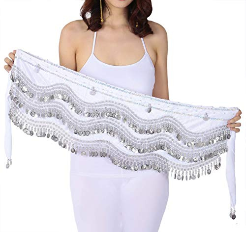 Lauthen.S 248 Silver Coins Belly Dance Hip Scarf Tribal Belt Halloween Gypsy Costume Accessory White