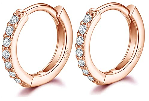GULICX 10mm Silver Rose Gold Hoop Earrings for Women Men Teens, Hypoallergenic 925 Sterling Silver Post Small Hoop Earrings with AAA Cubic Zirconia, Huggie Hinged Cartilage Sleeper Hoops Earring