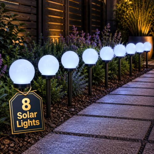 Garden Mile 8 Solar Globe Stake Lights Cool Outdoor Garden Path Lights | 8 Cool White Glow Globe Lights, Weather Resistant, Automatic Dusk To Dawn Lighting, Simple Stake Installation