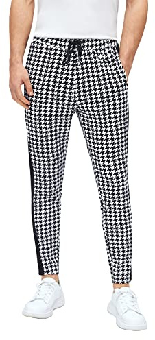 WDIRARA Men's Houndstooth Print Drawstring Tie Front Joggers Tapered Casual Long Pants Black and White S
