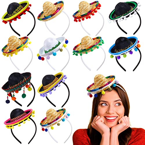 Mumufy 12 Pcs Mexican Sombrero Headband Hats Bulk for Adults Mini Fiesta Hats with Fabric Cinco De Mayo Party Decorations(Classic)