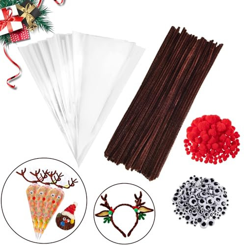 YHUIKXIN Weihnachten Süßigkeiten Tüten 600 Stück Pfeifenreiniger Brauntöne Set Braun Spitztüten mit Bindebänder, Rote Pom Poms, Wackelaugen Selbstklebend für Bonbons Kekse Weihnachtsgeschenke