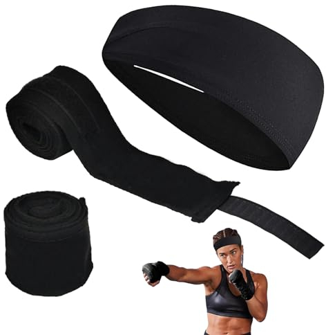 3 Stück Boxbandagen Set, 5m Schwarz Elastische Handschuhe mit Schweißabsorbierendes Stirnband, Bandagen Boxen mit Daumenschlaufe, Stabilität Boxing Gloves, Sicherheit Boxbandage Hand für Boxen, MMA