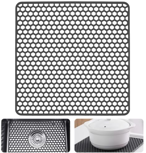 NAROSEBE Tappetino per Lavello in Silicone 30,5*30,5cm Tappetini per Lavello da Cucina con Foro di Scarico Tappetino per Scolapiatti in Silicone Tappetino in Rete Antiscivolo (Grigio, 30,5 x 30,5 cm)