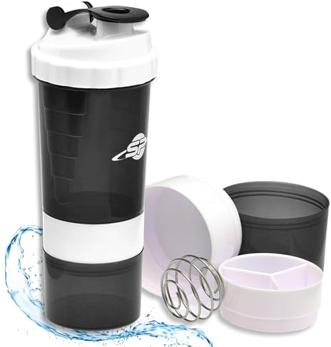 Smart-Planet Shaker proteico 500 ml con scomparto in polvere (150 ml) e organizer per compresse – shaker per albume – a prova di perdite senza BPA per frullato proteico fitness