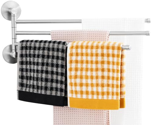 Auralum Portasciugamani senza foratura/con foratura, 2 in 1, in acciaio inox, può trasportare 5 kg, da parete 42 cm, a due bracci per bagno, cucina (Portasciugamani girevole - Cromo - Tre tempi)