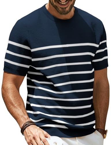 PJ PAUL JONES Short Sleeve Knit Shirt for Men Striped Textured Summer Shirts Casual Crew Neck Striped T Shirt