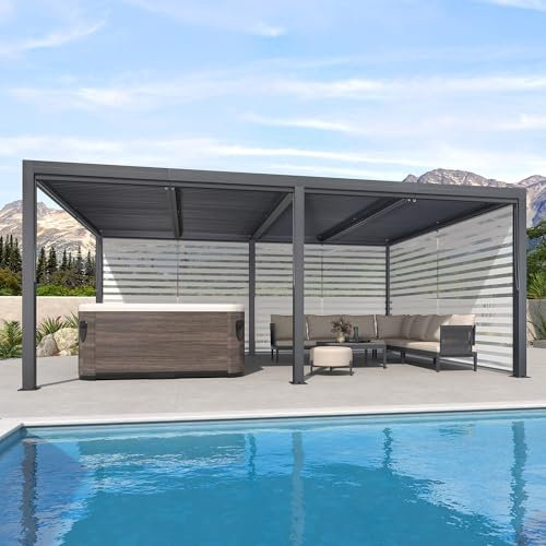 PURPLE LEAF Pavillon 3.65 x 6 m mit Sonnenrollo Lamellenpergola Wasserdicht Stabil Winterfest Alu Pergola Freistehend für Carport, 1 Lange Seite und 1 Kurze Seite, Grau