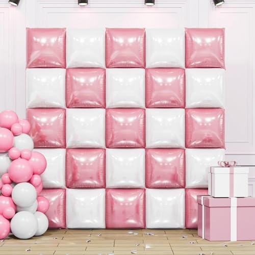 Pearl Pink and White Double Sided Square Foil Balloons Wall,19 Inches Chrome Foil Balloons Tunnel Arch Kit for Girls Bachelorette,Anniversary,Wedding,Valentines Day Decorations