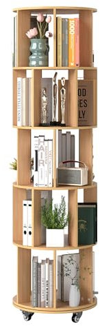 Nisorpa Drehbares Bücherregal mit 4 Rollen zum Verschieben-5 stöckiges Bücherregal-Rund Bücherorganisator Aus Holz-Lagerregal für Kinder und Erwachsene-360° Drehregal Standregal (46 * 158.5cm)