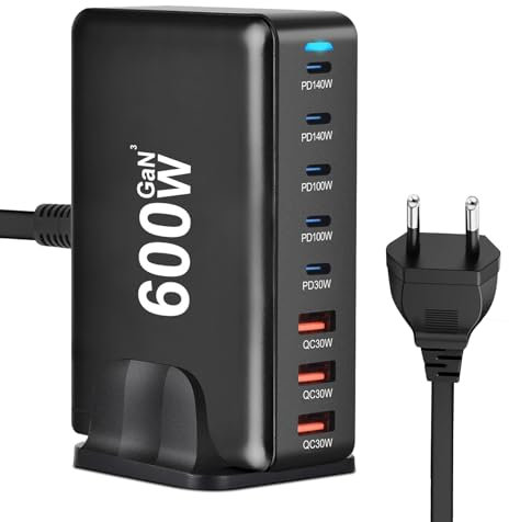 Cargador USB C de 600 W, múltiple, 8 puertos USB, estación de carga rápida con 5 USB-C y 3 USB-A Charger PD PPS 140 W USB C Fuente de alimentación para MacBook Pro/Air, iPad Pro/Air, Sumsung etc