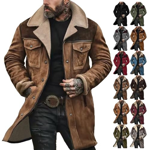Giacca da uomo elegante casual vintage in finta pelle scamosciata, cappotto trench lungo in peluche invernale caldo, cappotto da esterno foderato in pile con tasche, L