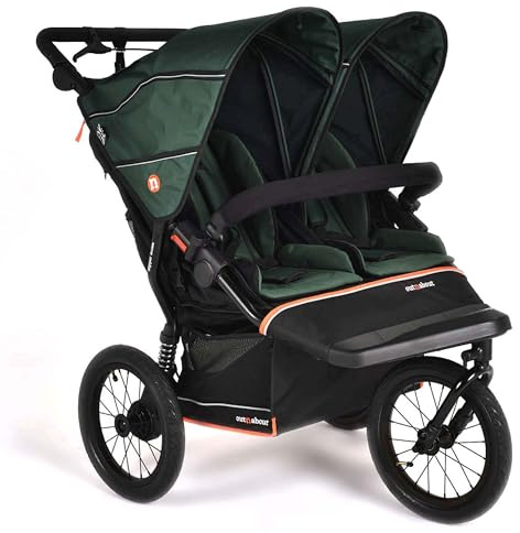 Out'n'About Nipper Double V6 Plus Pushchair with Raincover, Certified Running Buggy, Lightweight One-Hand Fold All-Terrain Twin Stroller Pram with Suspension, 14” Air-Filled Wheels (Sycamore Green)