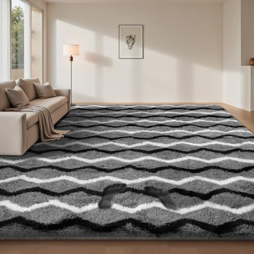 Sour Lemon Teppiche Wohnzimmer 200x300 cm Dunkelgrau und Schwarz Weiß Gestreifter Teppiche Waschbar Anti-Rutsch Hochflor Teppich Extra Große Flauschig Moderne Weich Teppich Schlafzimmer Kinderzimmer
