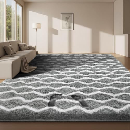 Sour Lemon Alfombra Salón Pelo Largo a Rayas, Alfombra Shaggy Grande Antideslizante para Dormitorio, habitación de los niños, Alfombra Lavable Moderna y Suave, Gris Claro y Blanco, 200x300 cm