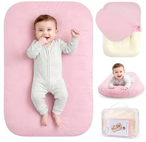 Infant Support Cushion, Baby Lounger 0-24 Months – Portable Tummy Time Mat & Rest Pod, Soft Cotton, Waterproof, Machine Washable, Safe for Supervised Play, Back Support (Pink)