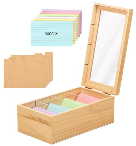 Indexkortshållare set av trä 7,6 x 12,7 cm, receptlåda organisatör indexkort organisatör justerbar skiljevägg utan eller med 300 anteckningspapper för kontor, butik, hem, kök, skolor (stil 1)