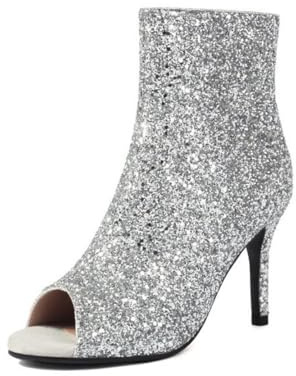 Genérico Botines Stiletto de Brillo para Mujer Punta Abierta Tacón de Aguja Alto Parte Superior Brillante Cremallera Trasera Zapatos Fiesta Novia Boda
