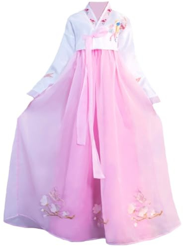 Dinntty Traditionell koreansk hanbokklänning för kvinnor, långärmad, blommig broderad bröllopsdräkt, koreansk prinsessdräkt.
