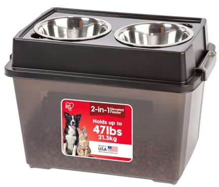IRIS USA Dog Bowls Elevated with Storage, 15 H Raised Feeding Station, Dog Bowl Stand with Airtight Food Storage Holds 47 lbs, 2 Removable 64 oz Stainless Steel Bowls for Large Dogs, Smoke/Black