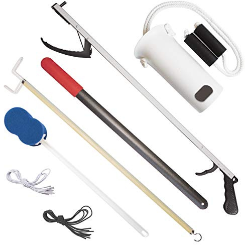 Rehabilitation Advantage 7 Piece Premium Hip or Knee Replacement Recovery Kit. 26-inch Reacher Grabber, Sock Aid, Shoehorn, Dressing Stick Aid, Bath Sponge, One Pair Black and White Elastic Shoelaces