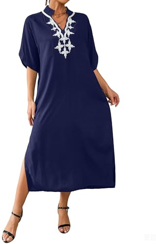 Bsubseach Caftani Casual per Donna con Scollo a V Ricamo Caftano Abiti Copricostume con Tasca Blu Navy