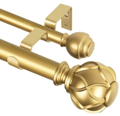 KAMANINA 1 Inch Double Curtain Rods for Windows 72 to 144 Inches (6-12 Feet), Warm Gold Heavy Duty Double Curtain Rod, Telescoping Drapery Rod with Netted Texture Finials